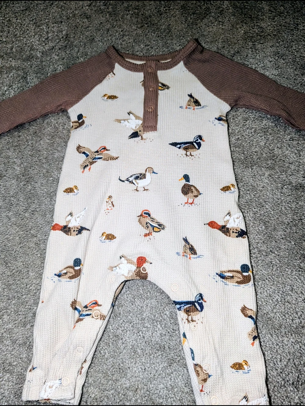 Angel Dear Cream Waffle One-Piece with Brown Raglan Sleeves and Duck Print